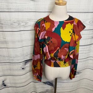 Marine Layer Colorful Floral Blouse, ruffle trim